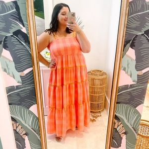 “Sundress” Gingham Pink & Orange with Scallop Spaghetti Straps Maxi Dress